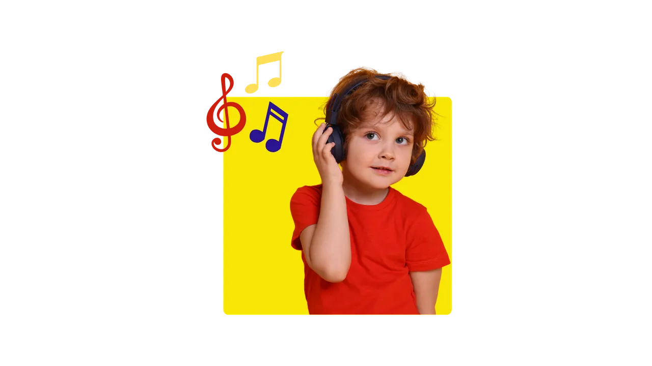 Criança ouvindo cantigas com fone amarelo