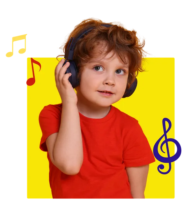 Criança ouvindo cantigas com fone amarelo